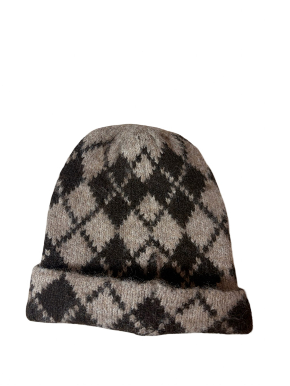House of Harlow 1960 Argyle Knit Cuffed Beanie Hat Brown Wool Blend O/S